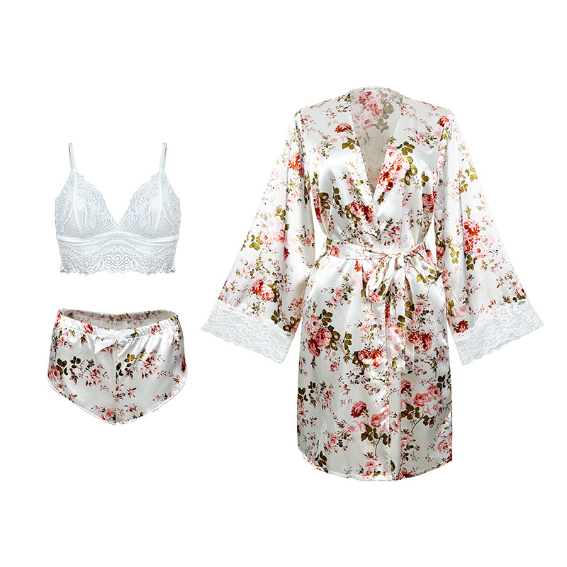 Floral Print Belted Satin Robe With Lingerie Set